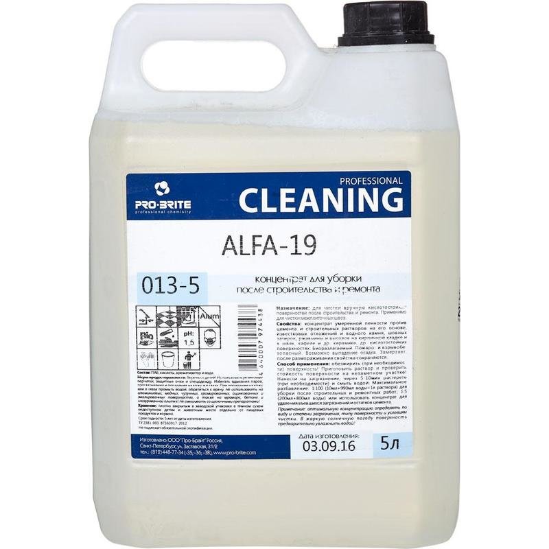 Средство чистящее для послестроительной уборки Pro-Brite Alfa-19, 5л