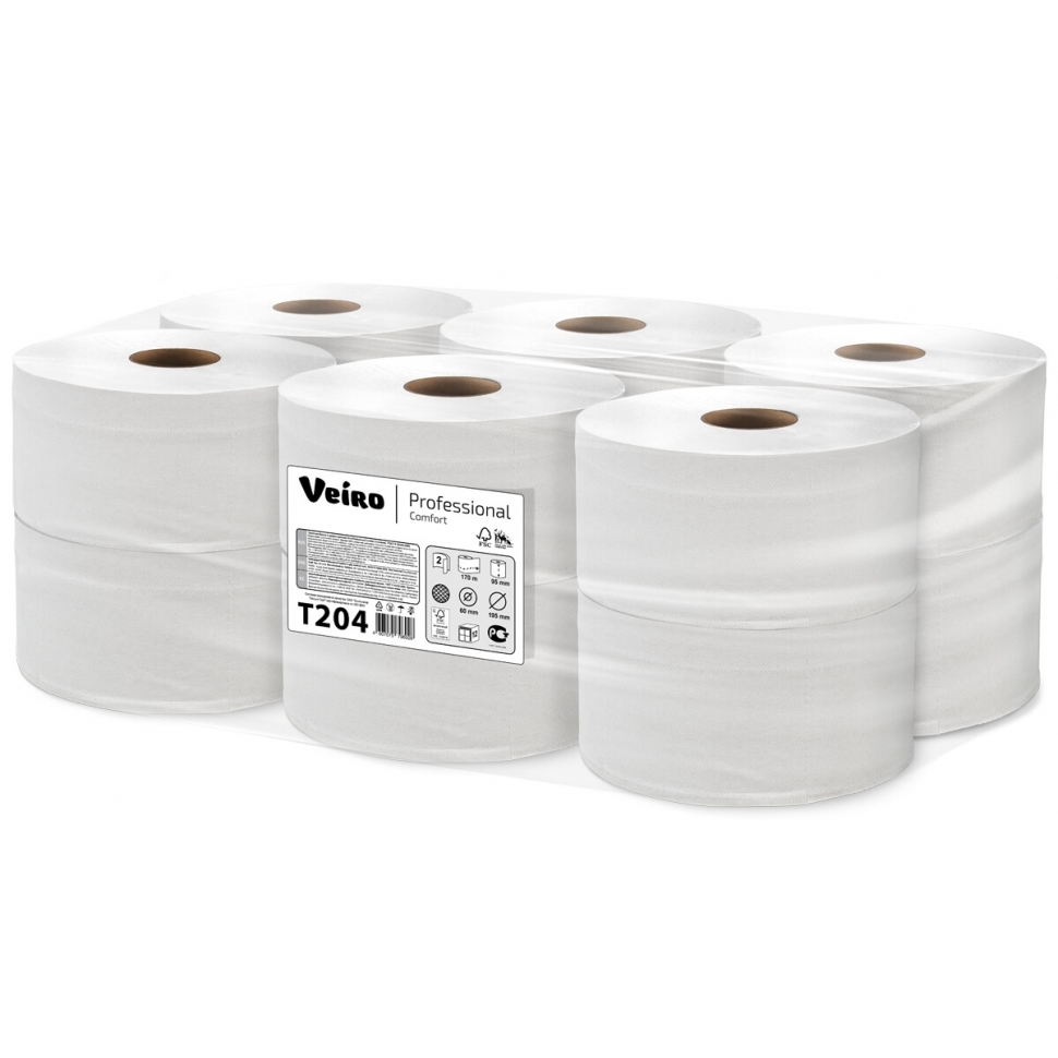 Бумага туалетная Veiro Professional Comfort в рулоне, 170м/рул, 2-сл, белая, 12рул/уп, Т204